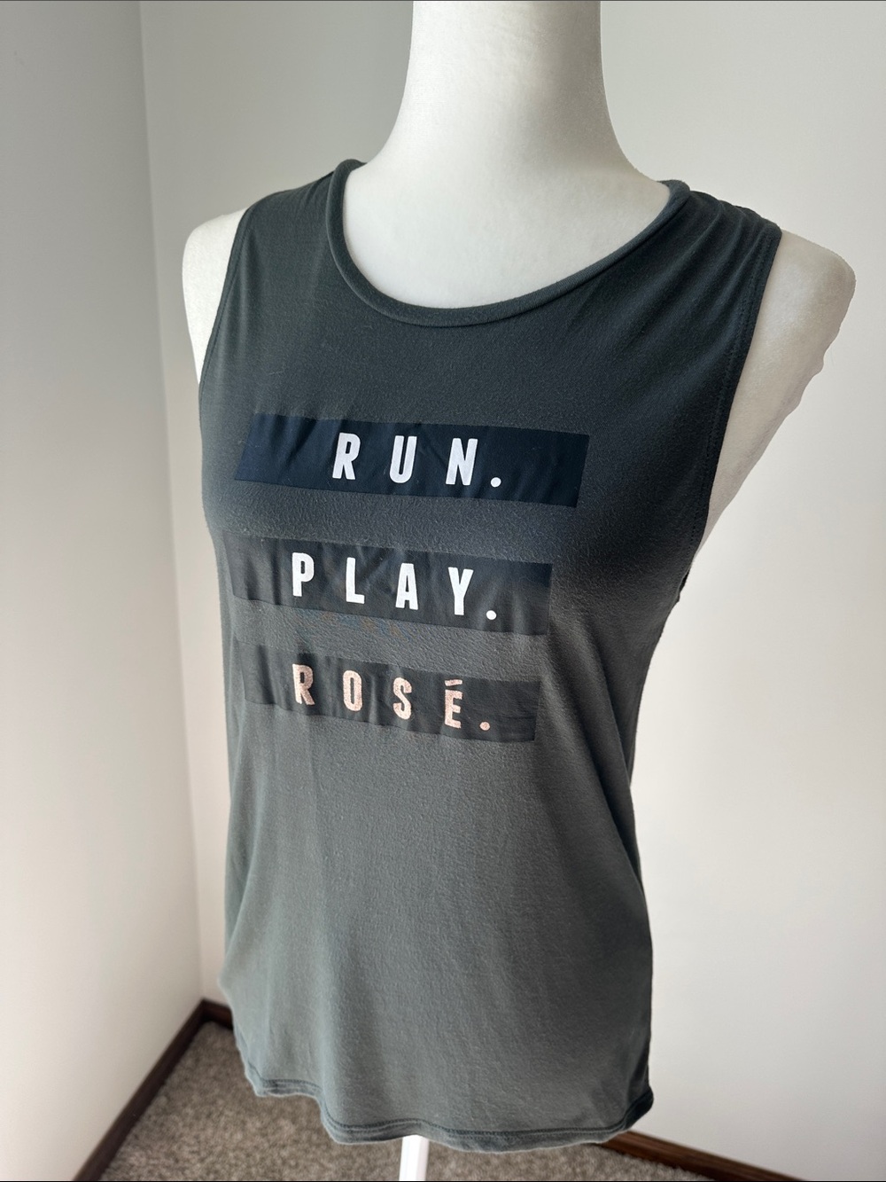 Betsey Johnson Olive Green RUN. PLAY. ROSÉ. Graphic Tank